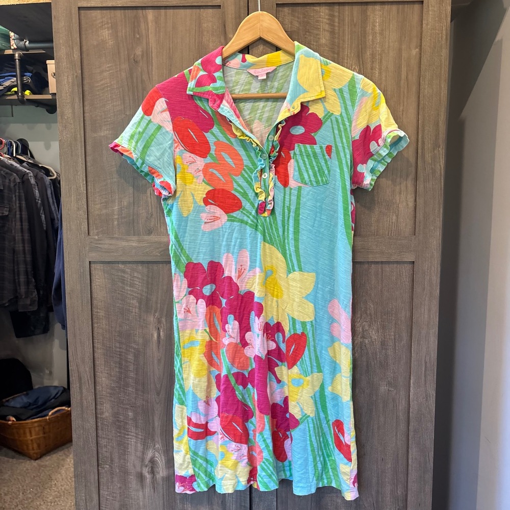 Lilly Pulitzer Carolyn Dress Cotton Ruffle Polo Dress Floral Medium